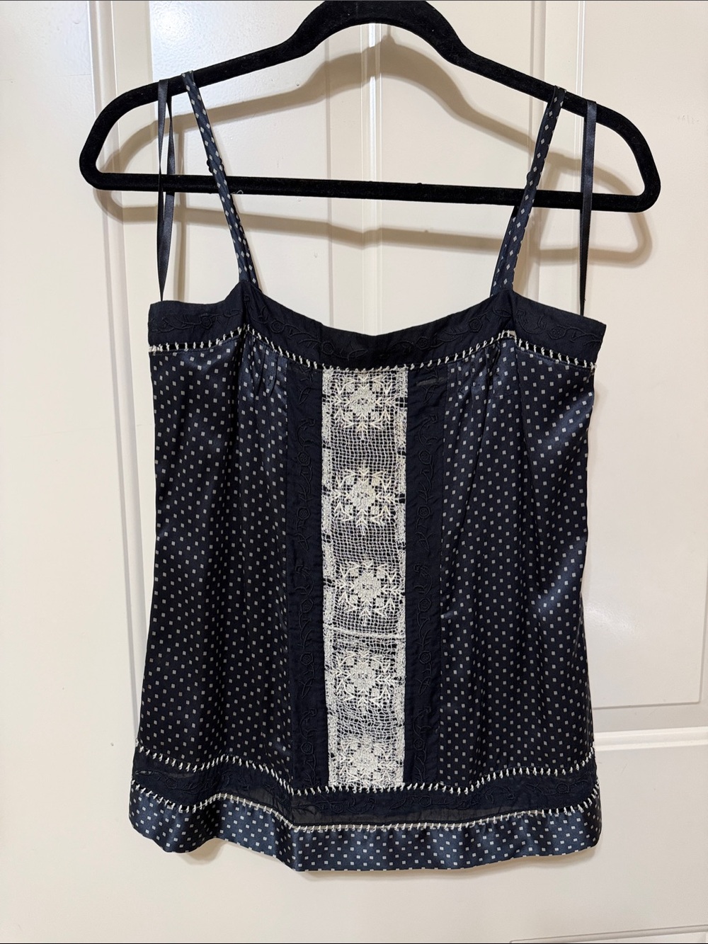 BCBGMaxAzria black 100% silk Dot Lace-Trim Cami